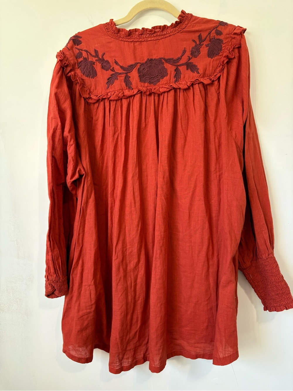 Free People Rust Red Embroidered Ruffle Button-Down Blouse - Picture 4 of 5